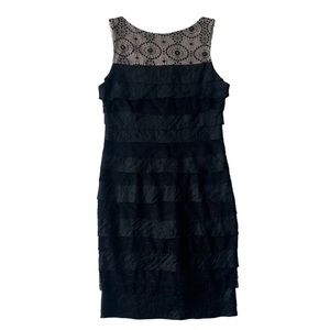 London Times black lace dress ruffles sleeveless sheath nude top Sz 8